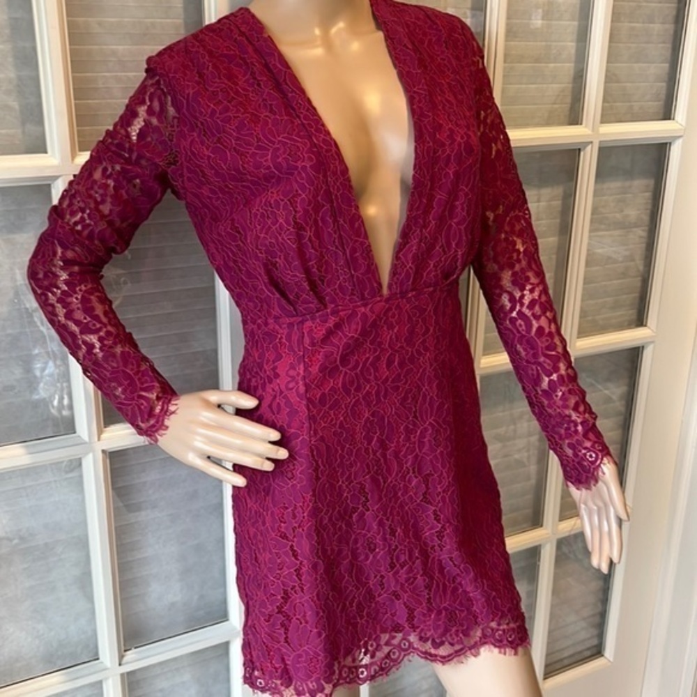 Glamorous sexy low cut mulberry lace overlay mini dress